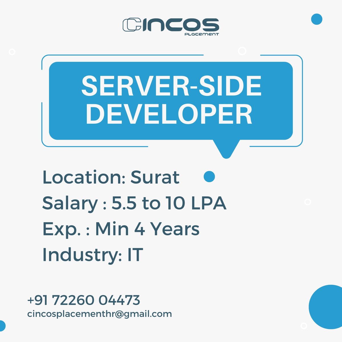 cincosplacement's tweet image. Join us as a Server-Side Developer with IT job placement consultant in Surat!

Contact Us
Phone : +91 72260 04473

#ServerSideDeveloper #SuratJobs #BackendDev #Employment #TopITPlacementConsultancyInSurat #ITJobPlacementInSurat