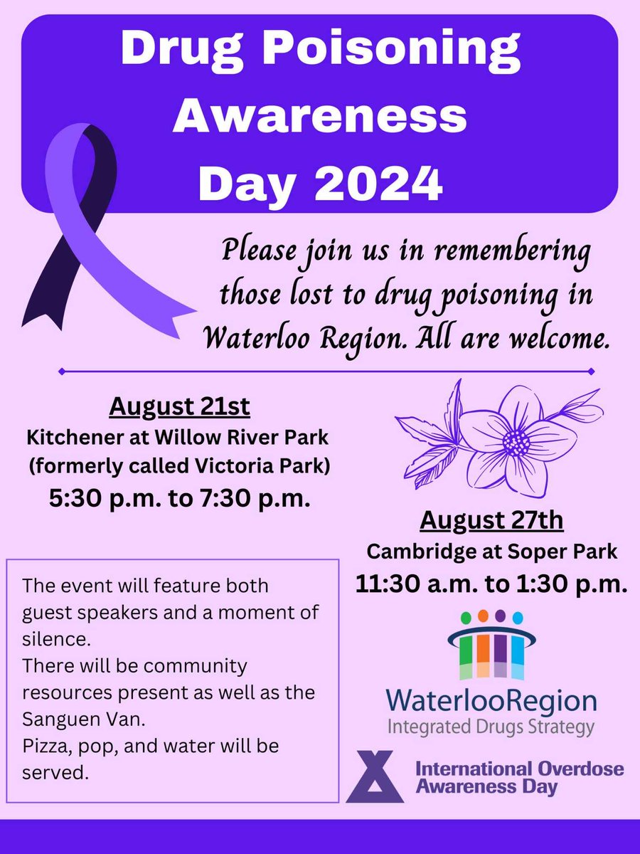 August 21st and 27th there will be events held for Drug Poisoning Awareness day. All are welcome. Mark your calendars and join us in remembering those lost.
#kitchener #kw #cambridge #drugpoisoningawareness #willowriverpark #waterlooregion