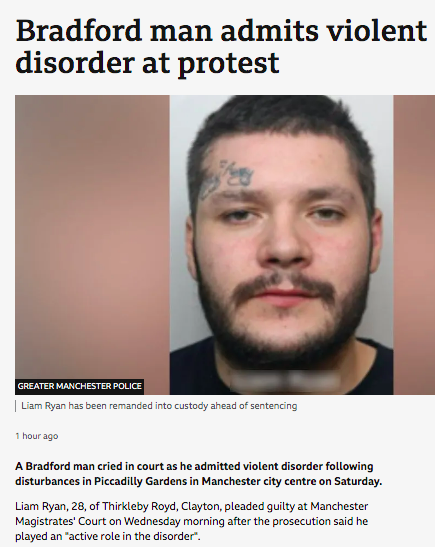 Geedeese's tweet photo. FAR RIGHT ARRESTS
LEFT: Liam Grey, of Mexborough, Rotherham cried in court when remanded in custody
RIGHT: Liam Ryan, of Clayton, Bradford sobbed at Manchester Crown Court. Remanded in custody
If they cry after arrest is that #TwoTear policing? 😆
#TwoTierPolicing #FarageRiot https://t.co/NO8kw5Wriq