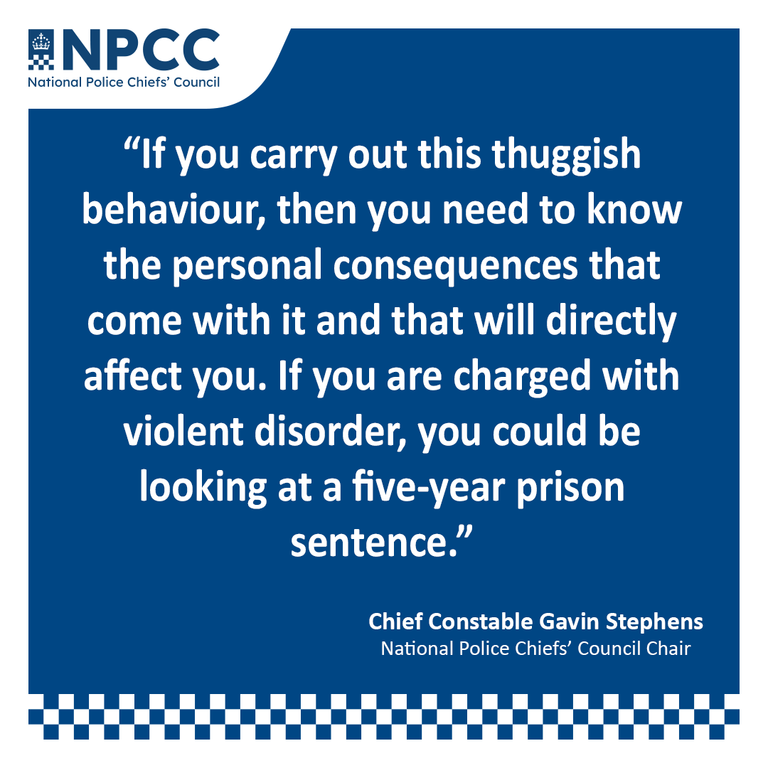 PoliceChiefs's tweet photo. Our chair has issued a new statement this evening, warning about the potential consequences of getting involved in violence and disorder.

People are already facing years behind bars for their criminal behaviour, don't join them.

Read more ➡️ https://t.co/XzIRRzFqUk https://t.co/VqowlKtzTd