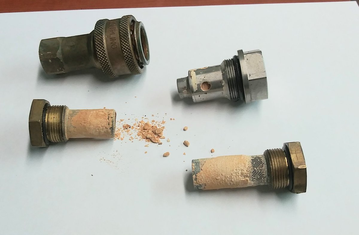 Store customer reported very low psi at wand, says might be hard water. I serviced machine myself, never seen filters clogged this bad in all my 36 years. Rust clogging up everything, tanks, filters, hoses and tools but we got it up &amp; running for him.