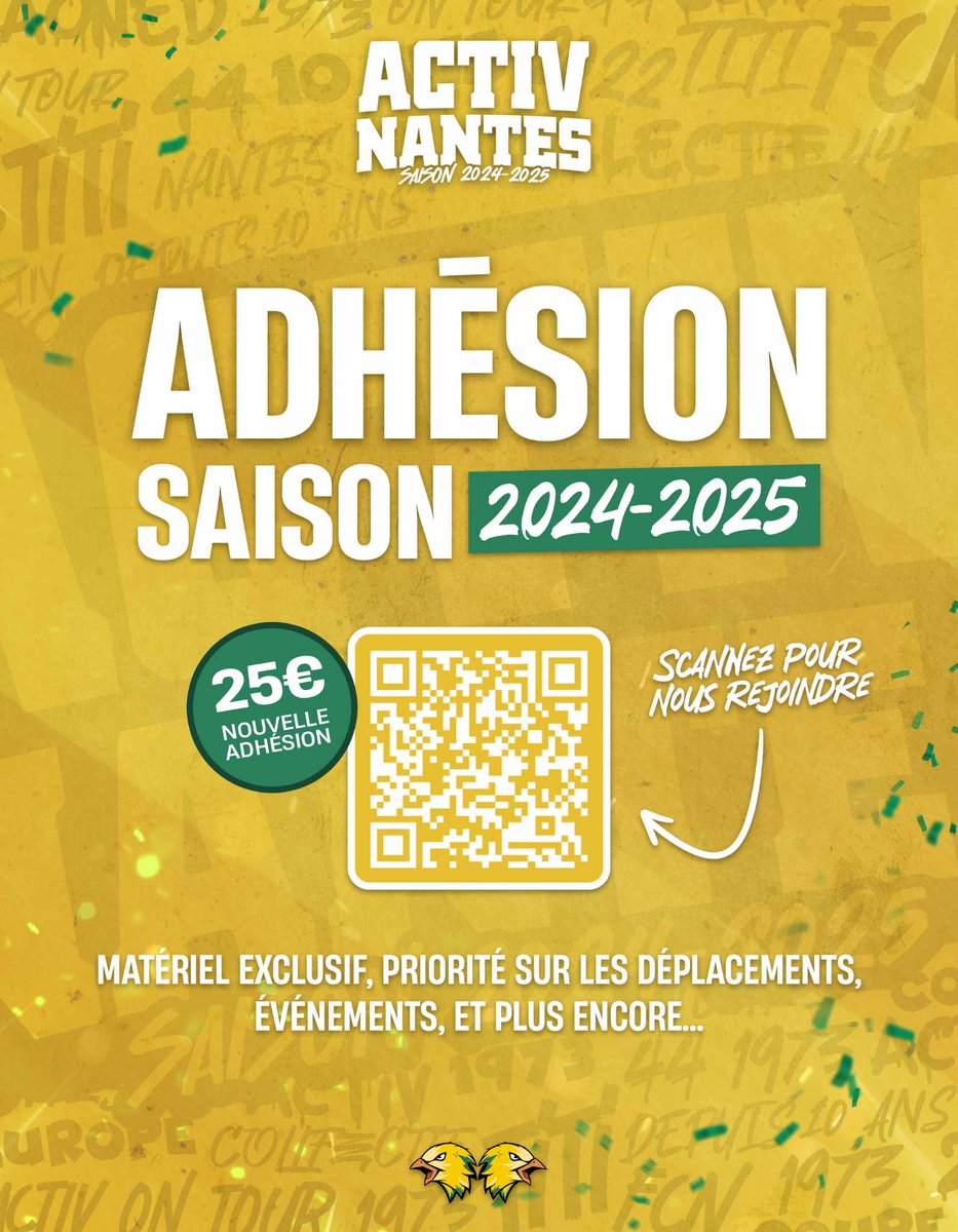 🔰LA CAMPAGNE D'ADHESION EST OUVERTE 🔰

Un seul objectif, se rassembler et prendre du plaisir autour de notre passion commune, le FC Nantes et plus généralement le sport nantais.

En devenant membre Activ vous soutenez l’association à travers ses valeurs :
- Respect et promotion