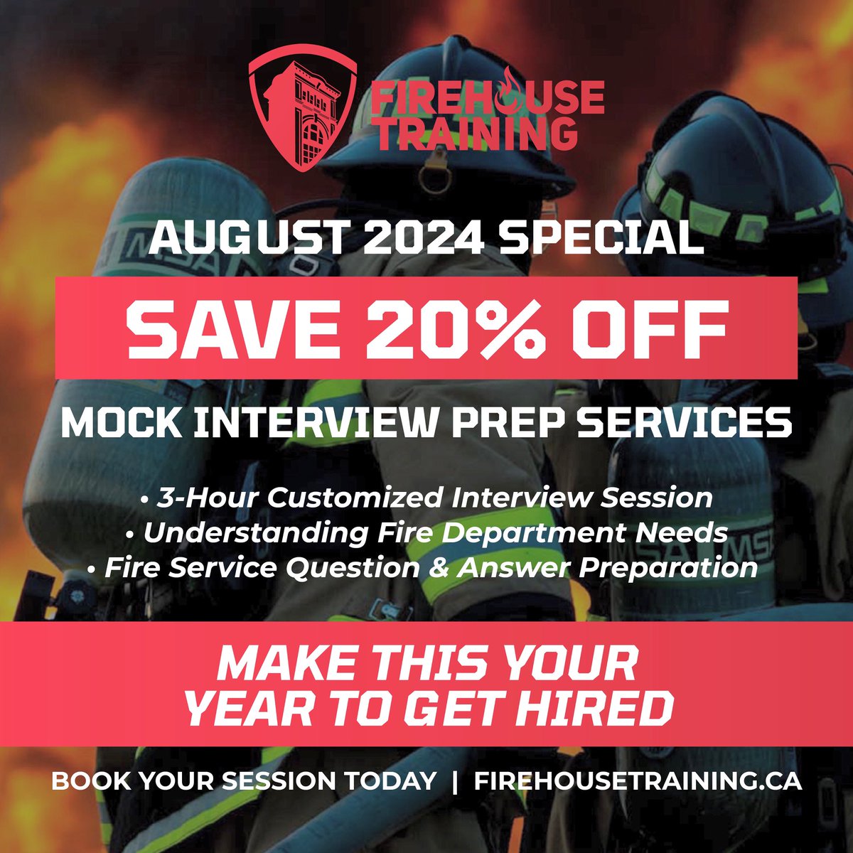 FirehouseTrain1's tweet photo. 🚒 Special August Offer for Aspiring Firefighters for LIVE Interview Prep! 🚒
This month ONLY, get 20% off our One-on-One Interview Prep with a Firehouse Training Fire Chief! 🔥
📅 Offer Valid: August 1st - August 31st. Only $239 + HST. Contact us now! #FirefighterInterviewPrep https://t.co/bqEXUXamw5