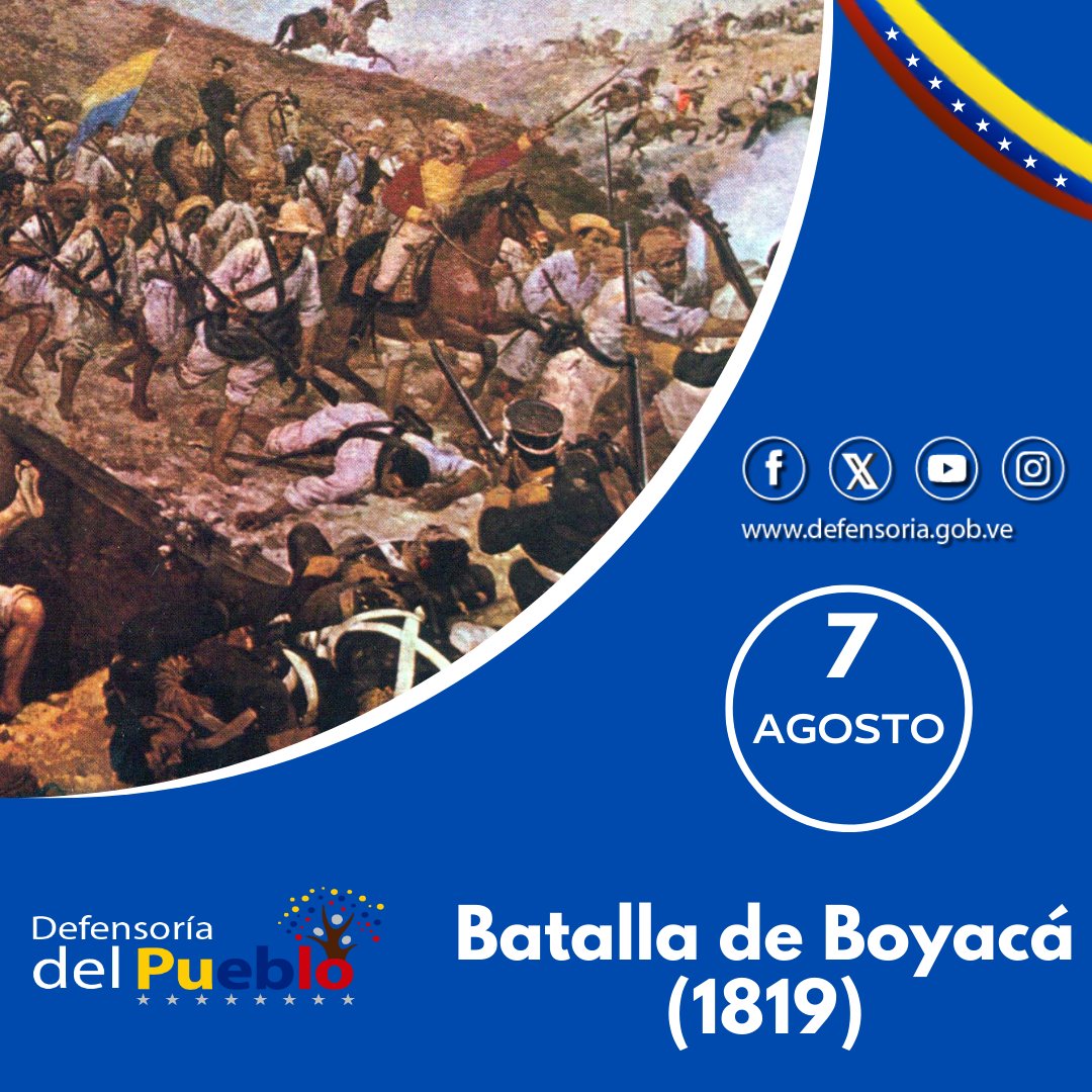 #Efemeride Hoy #07Agosto rememoramos la Batalla de Boyacá (1819) también conocida como la batalla del Puente de Boyacá, fue la confrontación más importante de la guerra independentista que garantiza el éxito de la Campaña Libertadora de Nueva Granada.