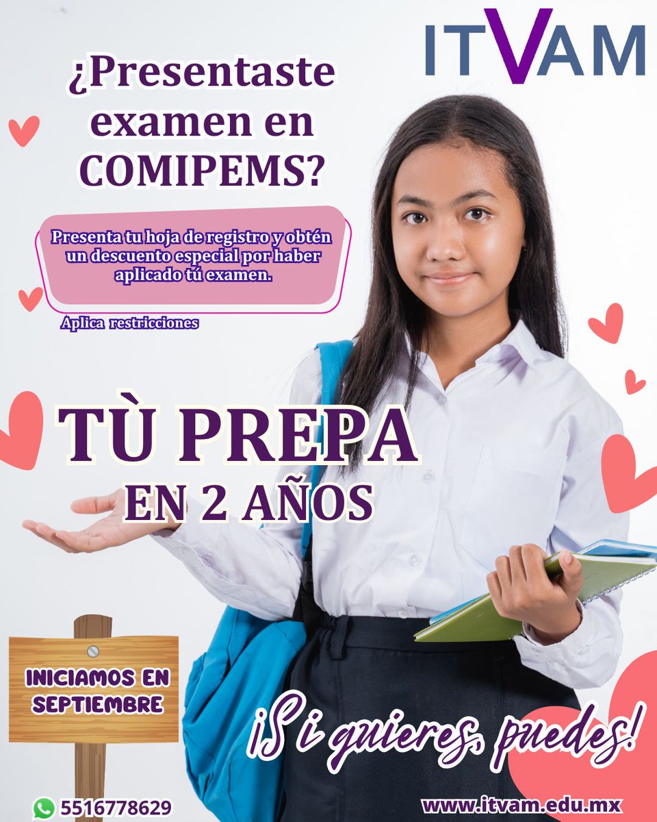 ITVAM_MX's tweet photo. ¿Aplicaste examen para COMIPEMS? Presenta tu hoja de registro y obtén un descuento especial. 
Iniciamos en Septiembre . 😉💜
#comipems #preparatoria #siquierespuedes https://t.co/wTXRnVWM0i
