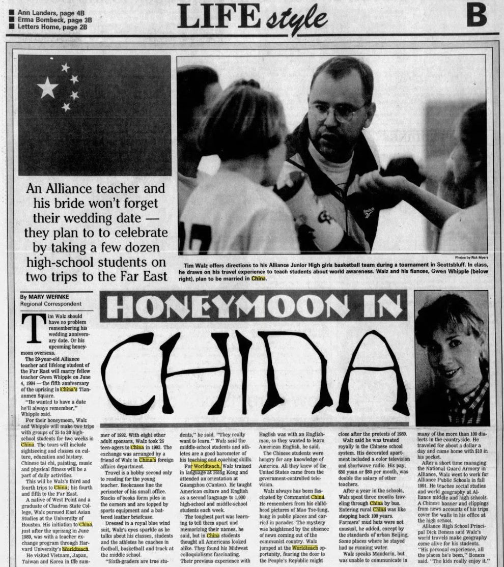 TudorDixon's tweet photo. Tim Walz honeymooned in China after intentionally marrying on the anniversary of the Tiananmen Square massacre. “He wanted a date he’ll always remember,” his wife said.

If Tiananmen Tim celebrates the slaughter of innocents fighting for freedom in China, imagine his plan for us! https://t.co/G5NNYsXvot