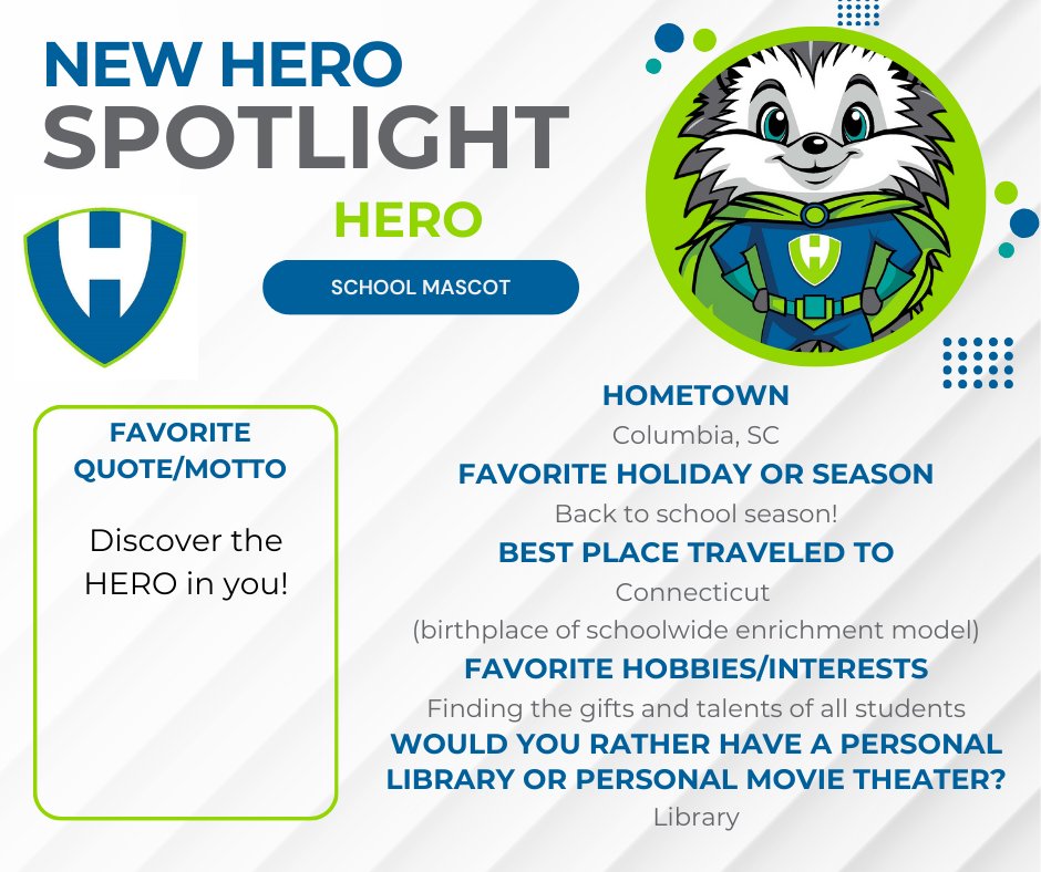 🎉🦔Meet our new mascot, HERO!🎉🦔 #HWES #Discovertheheroinyou
