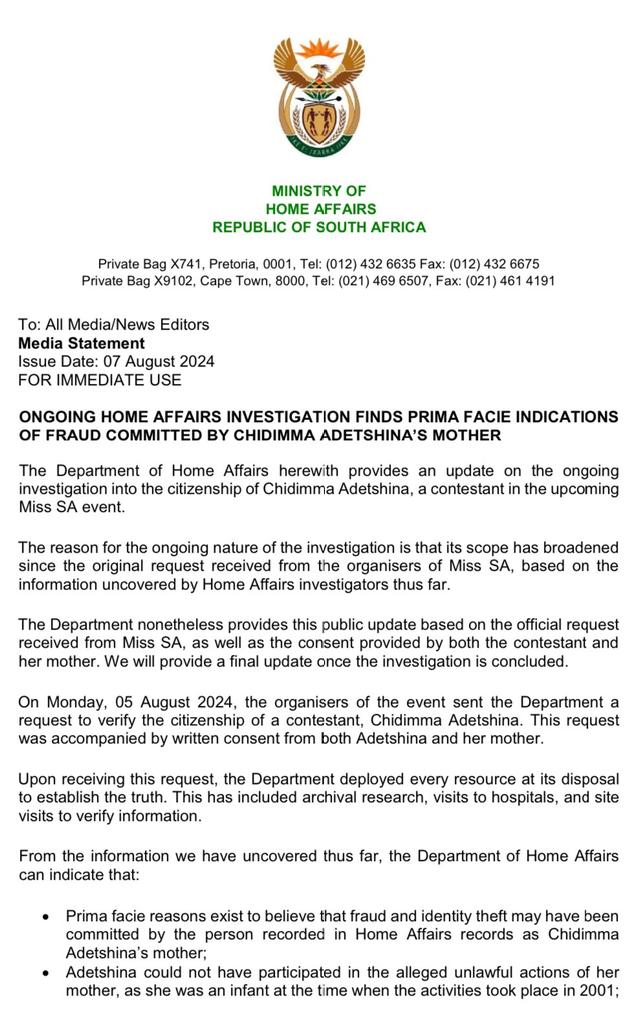 AfricaFactsZone's tweet image. South Africa's Home Affairs Department says fraud was committed by Chidimma Vanessa Adetshina's mother.

Her mother has been accused of stealing a South African woman's identity to register Chidimma's birth.

Chidimma was an infant then.

Home Affairs is taking legal steps.