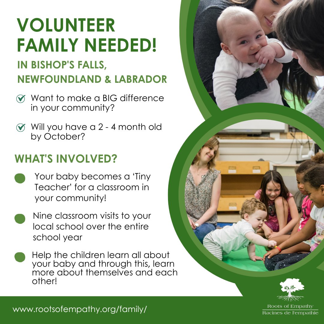 RootsofEmpathy's tweet photo. Attention families in #BishopsFalls, #NewfoundlandandLabrador. Do you have a baby aged 2-4 months in October or Early November?

Your little one could be a 'Tiny Teacher' in Roots of Empathy! Volunteer parents bring their baby into a local classroom 9 times over the school year and help nurture empathy. Make a lasting impact in your community!

Contact: Claudia Long, ROE Provincial Manager; 709-351-4051, clong@rootsofempathy.org