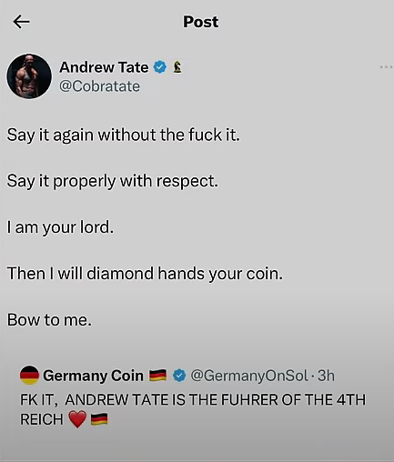MuhammadFromGOD's tweet photo. A Quick Thread on Andrew Tate's @Cobratate clear departure from Islam on multiple occasions.

He thinks he is a lord worthy of worship and it has not changed.  He is playing the Muslim for their money

This was a few weeks ago.

1/ https://t.co/OPFi0P5Vmc