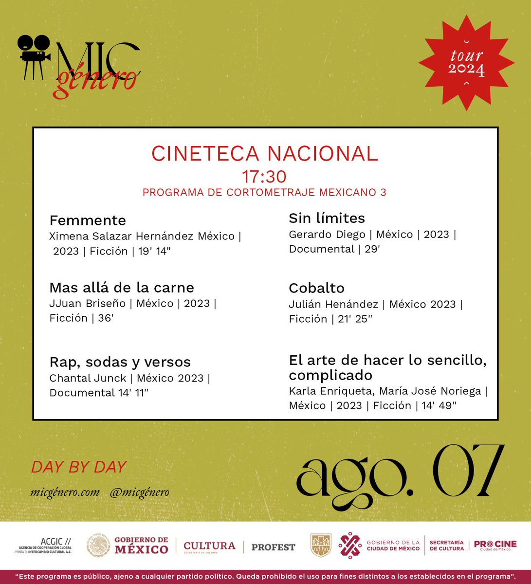 MICGenero's tweet image. 📷 Te presentamos el "Day by Day" de MICGénero para que no te pierdas ninguna de nuestras funciones
#MICGénero2024