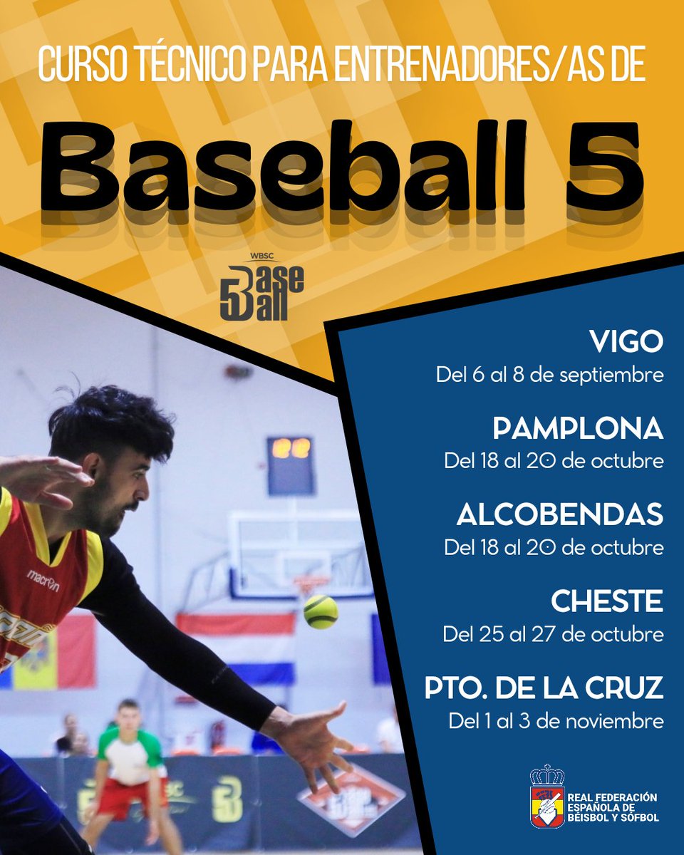CURSO DE BASEBALL5 🖐🏼

La #RFEBS impulsa un curso técnico para formar entrenadores y entrenadoras de #Baseball5 por todo el país 🫱🏻‍🫲🏼📝

Serán un total de 5 sesiones repartidas por comunidades, con inscripción a través de la federación territorial 👏🏻

¡Aquí detalles y fechas! 😉👀
