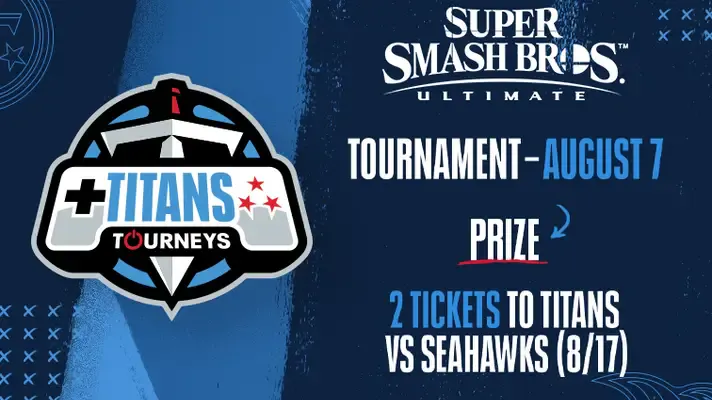 Last call to sign up for tonight's Titans Super Smash Bros tourney starting at 8P EST tonight! Winner receives 2 tickets to the Titans vs. Seahawks game on August 17th.🙌

Entry restricted to Alabama, Kentucky, and Tennessee residents only. Good luck! #TitanUp