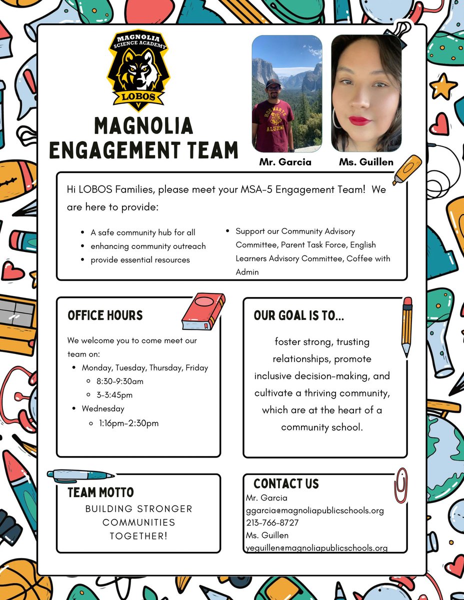 msa5lobos's tweet photo. Hey Lobos! 🎉 Meet our Magnolia Engagement Team! We can’t wait to team up with students, families, and community members for an awesome journey ahead. Let’s make great things happen together! #MSA5 #loslobos🐺 #community #reseda https://t.co/4QtoGRS18f