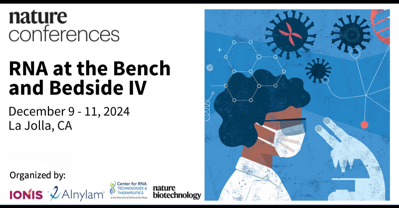 Alnylam's tweet photo. As a pioneer in #RNA-based therapeutics, we relish opportunities to engage with peers and discuss what's new and next in nucleic acid medicines. If you do too, join us in La Jolla, CA Dec 9-11 for the @Nature #RNAbench2bedside conference.
#RNAi #RNAinterference #siRNA