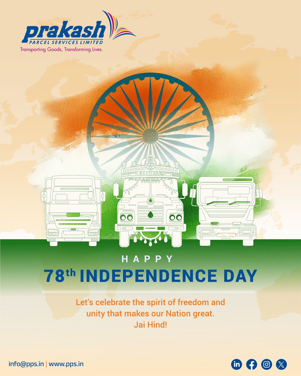 prakashparcel's tweet photo. Happy 78th Independence Day! Jai Hind!

#greetings #India #78th #independence #day #pps #JaiHind #logistics #road #transport #trucking https://t.co/IY8Q6ZgoRF