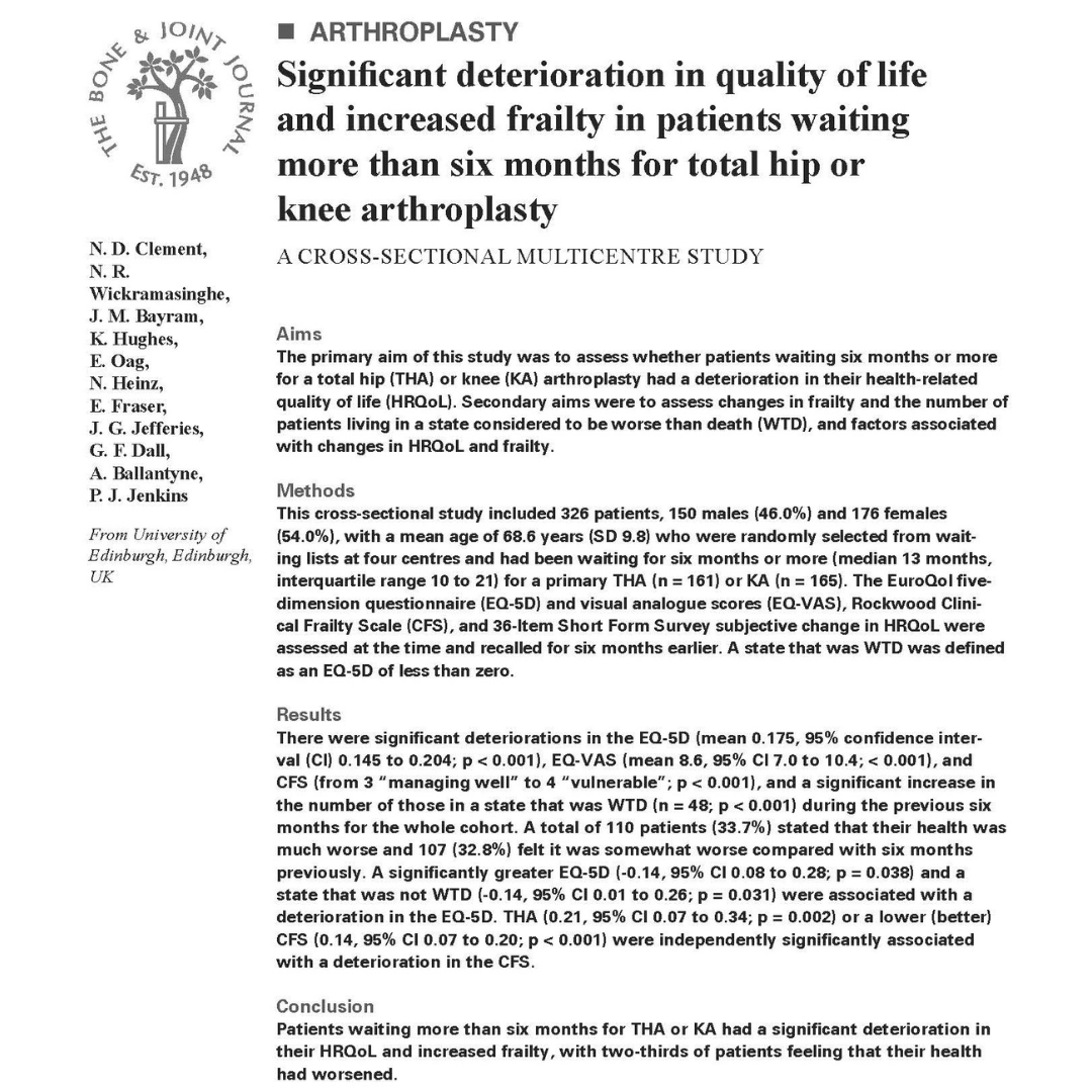 The Bone & Joint Journal (@bonejointj) on Twitter photo Waiting for surgery is not benign, and those waiting more than six months had a clinically significant deterioration in their health-related quality of life and increased level of frailty.
#BJJ #Patients <a href="/jackbayram/">Jack Bayram</a> <a href="/katiephughes/">Katie Hughes</a> <a href="/AndyBallantyne5/">Andy Ballantyne</a>
ow.ly/QR6n50SRrjB Waiting for surgery is not benign, and those waiting more than six months had a clinically significant deterioration in their health-related quality of life and increased level of frailty.
#BJJ #Patients <a href="/jackbayram/">Jack Bayram</a> <a href="/katiephughes/">Katie Hughes</a> <a href="/AndyBallantyne5/">Andy Ballantyne</a>
ow.ly/QR6n50SRrjB