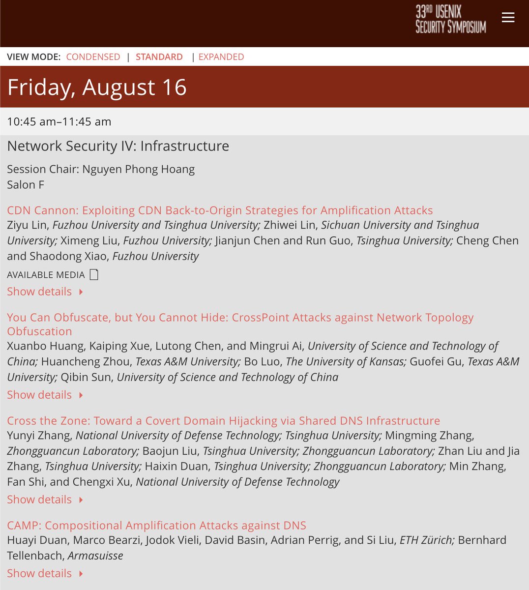 Excited to chair two impactful sessions at the <a href="/USENIXSecurity/">USENIX Security</a> Symposium (#usesec24)

Aug 15, 10:45-12:00 (Track 1 - Salon AB): Dive deep into Surveillance and Censorship with groundbreaking research on Internet censorship, proxy systems, and more.

Aug 16, 10:45-11:45 (Track 4 -