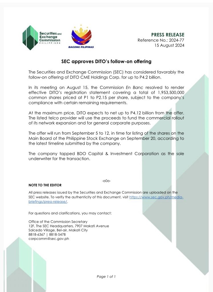 tidwell_maguire's tweet photo. SEC approves P4.2bln follow on offering of Dennis Uy-led DITO CME https://t.co/b2P1pPWzHW