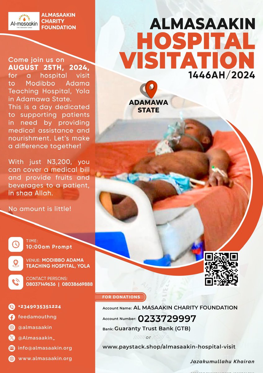 Almasaakin_'s tweet photo. Fundraising Update : HOSPITAL VISITATION 1446AH/2024, ADAMAWA STATE- As at 15th August 2024

Target Donation: N320,000
Amount Raised: N133,519
Amount Remaining: N186,481

Donations can be made through: 

Account Name AL MASAAKIN CHARITY FOUNDATION 
Account Number: 0233729997
Bank: Guaranty Trust Bank(GTB)  

OR

Use our easy, fast and secure _link_ ✅ 
https://t.co/V1iBkbI6OK