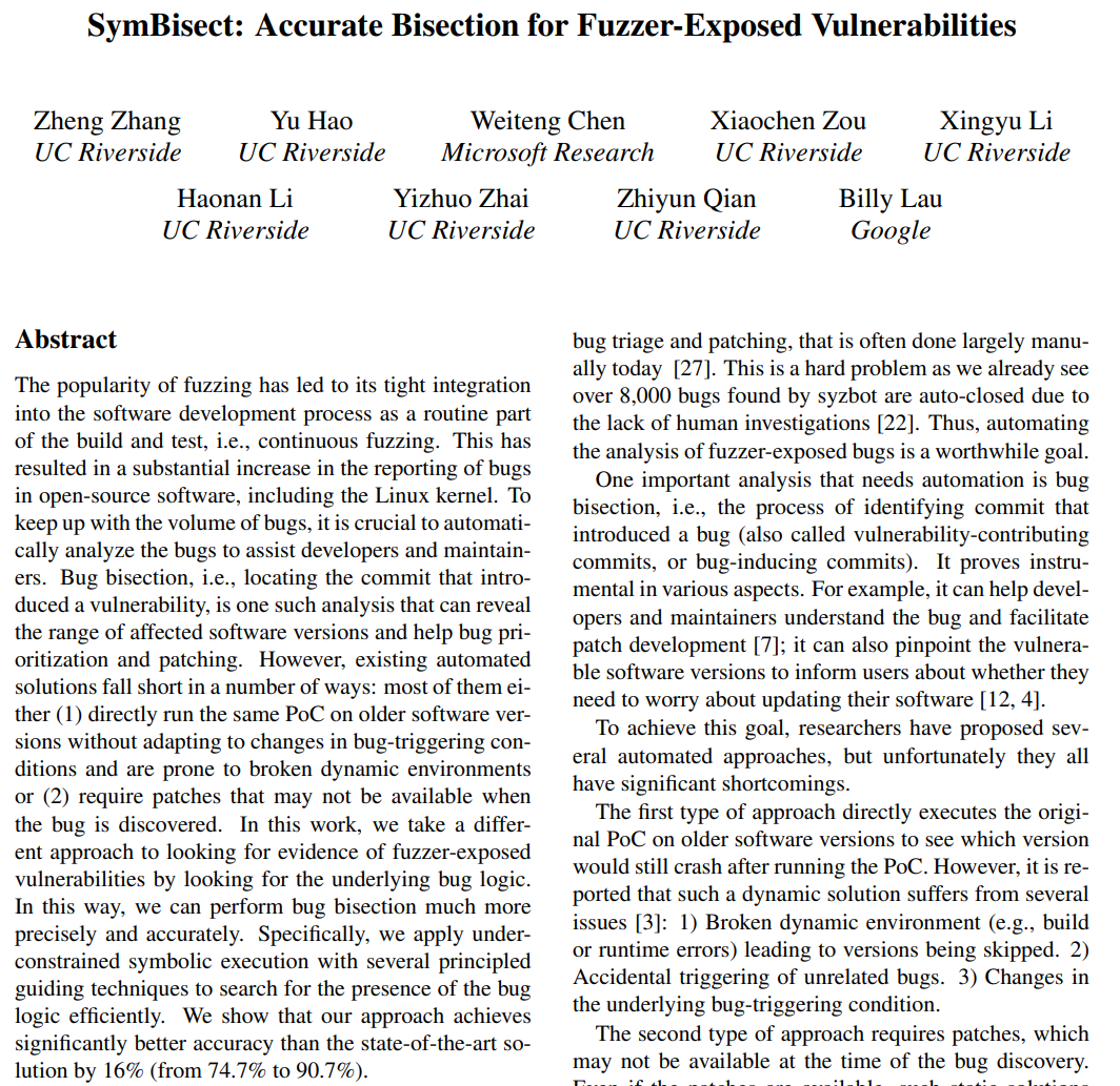 Zhiyun Qian (@pkqzy888) on Twitter photo Zheng will present his work at <a href="/USENIXSecurity/">USENIX Security</a> on Thursday morning about the accurate bisection of bugs found by fuzzers -- figuring out which commit introduced the bug. Useful for #aixcc potentially, but unfortunately we didn't get a chance to use it ourselves. #usesec24 Zheng will present his work at <a href="/USENIXSecurity/">USENIX Security</a> on Thursday morning about the accurate bisection of bugs found by fuzzers -- figuring out which commit introduced the bug. Useful for #aixcc potentially, but unfortunately we didn't get a chance to use it ourselves. #usesec24