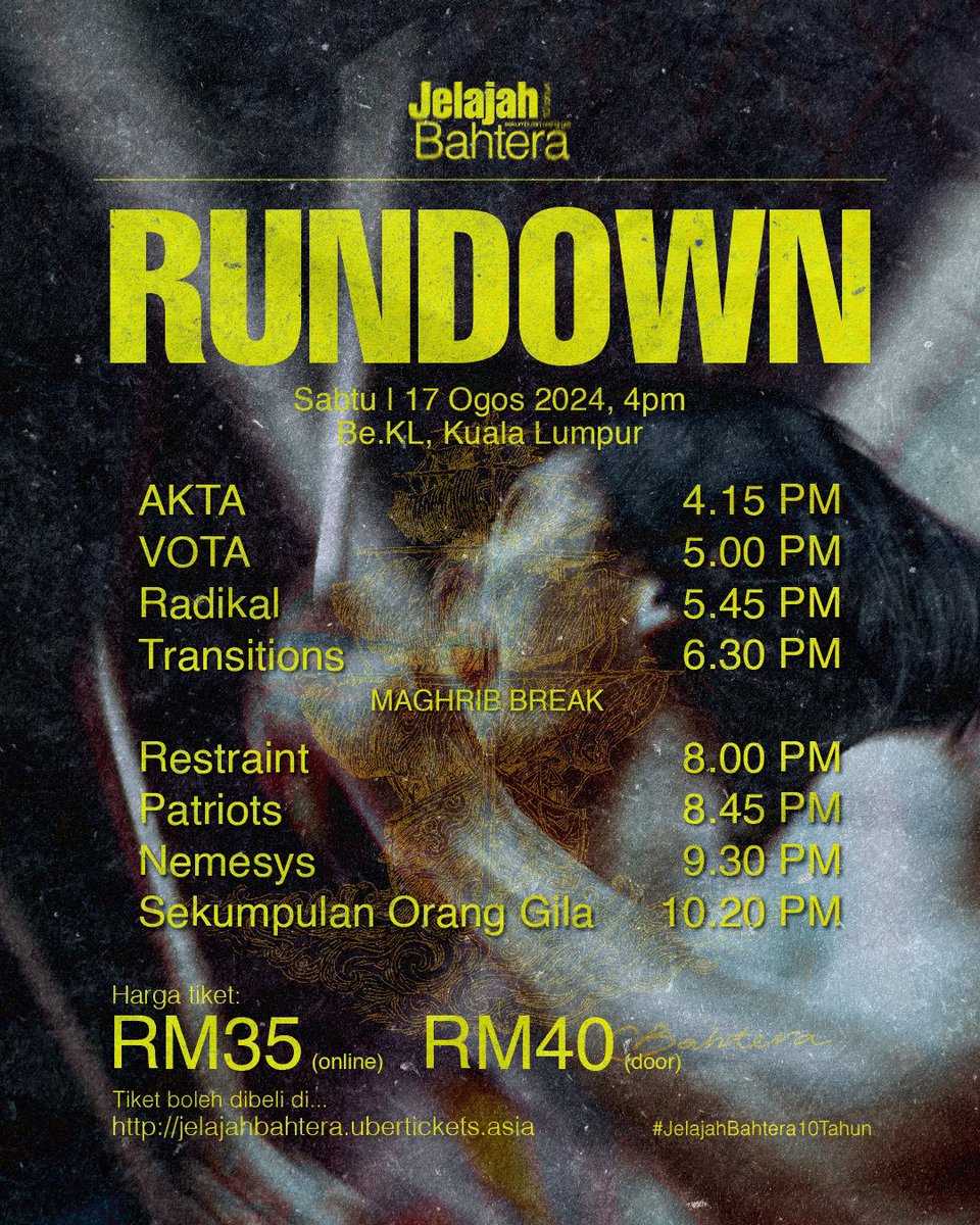 Rundown #JelajahBahtera10Tahun Sabtu ini di Be.KL! Datang seawal 4 petang untuk tengok semua performers.

Tiket masih boleh dibeli di jelajahbahtera.ubertickets.asia atau walk in je pada hari kejadian okay! Cepat beli tiket sebelum habiss 🔥