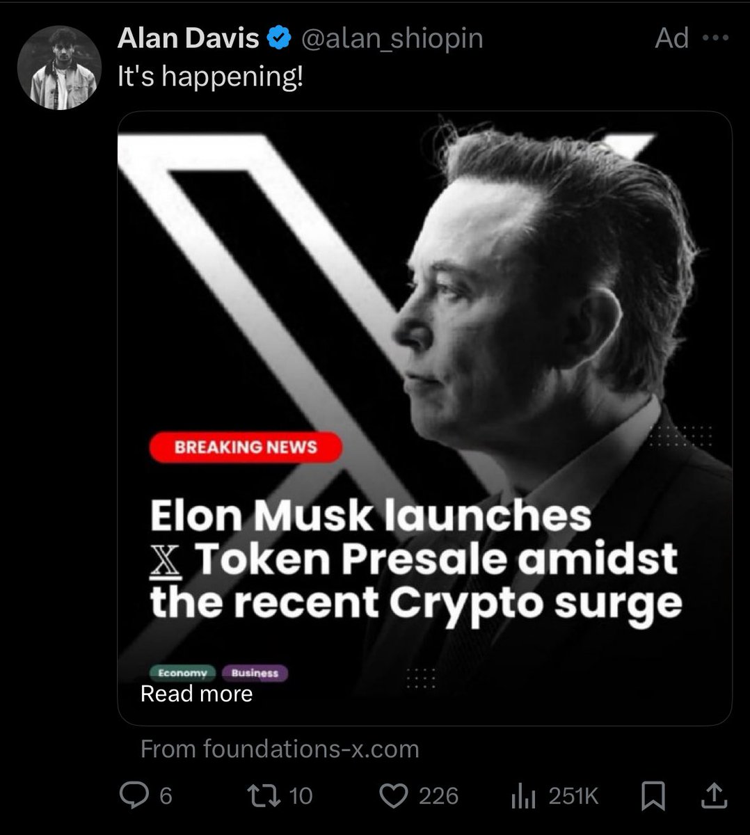 The advertisers left on X are… scam projects impersonating the owner of the  site. And X lets this fly: not even vetting obvious crypto scams. This is  an actual ad (and a