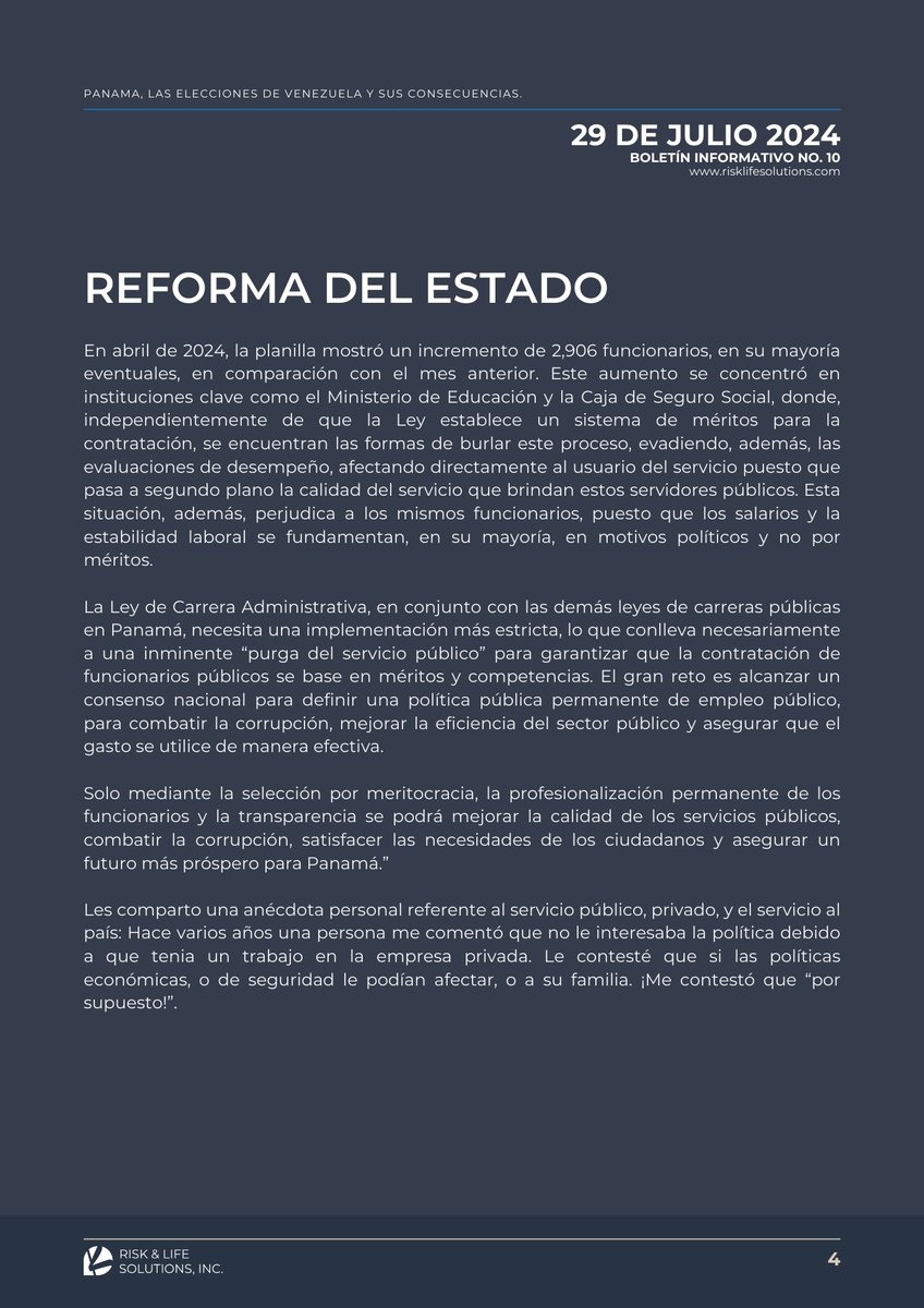 Boletín informativo No. 10📝

ELECCIONES EN VENEZUELA || Panamá se suma al rechazo generalizado respecto del resultado electoral.

REFORMA DEL ESTADO || Para el nuevo Estado que vayamos a construir necesitamos un sistema de méritos, pero también de civismo y amor patrio.