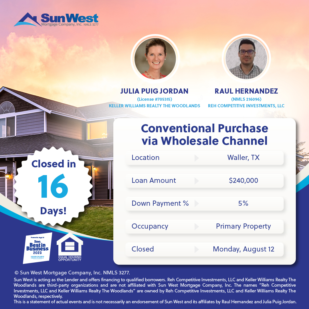 BanerjeeIrwin's tweet photo. Special thanks to Raul Hernandez at Reh Competitive Investments, LLC for trusting Sun West to finance the sale of Julia Puig Jordan listing. Closed in 16 days!

#happyhomeowners #purchase #conventional #wholesale #loanclosedfast #sunwestmortgage #wegetyou #mytruehome #feelgood https://t.co/sCHQ8wUVgo
