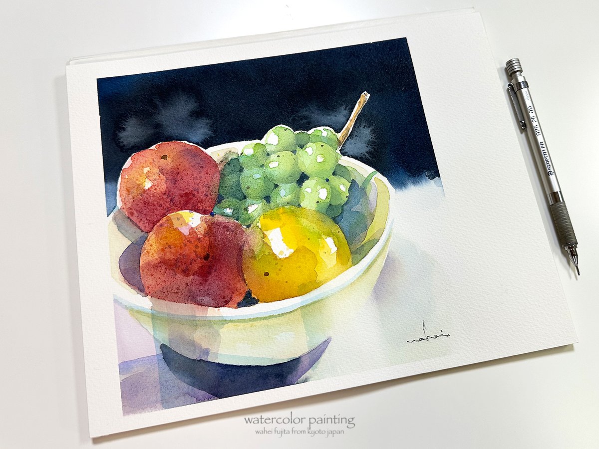 「教材用に奮発し9500円で買って来た果物を、泣きながら描きました。#Waterc」|わへい水彩画@京都水彩画塾塾長のイラスト