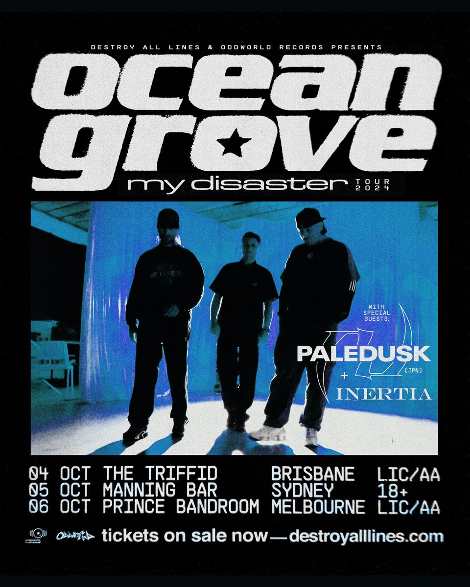 oceangrove's tweet photo. TICKETS ON SALE NOW!

Stacked lineup  @Paledusk_jpn @inertiasydney + 2x ALL AGES shows. What songs are you hoping to hear???

📲 https://t.co/Db8XKhRdmN https://t.co/IodogTVRTd