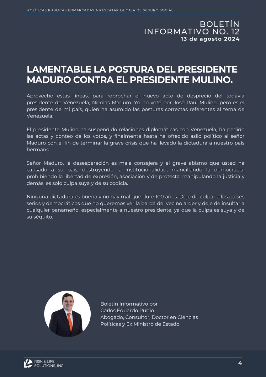 Boletín Informativo No.12

POLÍTICAS PÚBLICAS ENMARCADAS A RESCATAR LA CAJA DE SEGURO SOCIAL📝

#CajadeSeguroSocial || Para poder realizar los cambios necesarios en la institución, se requiere de un mínimo consenso y de propuestas redactadas por quienes conocen el tema.
