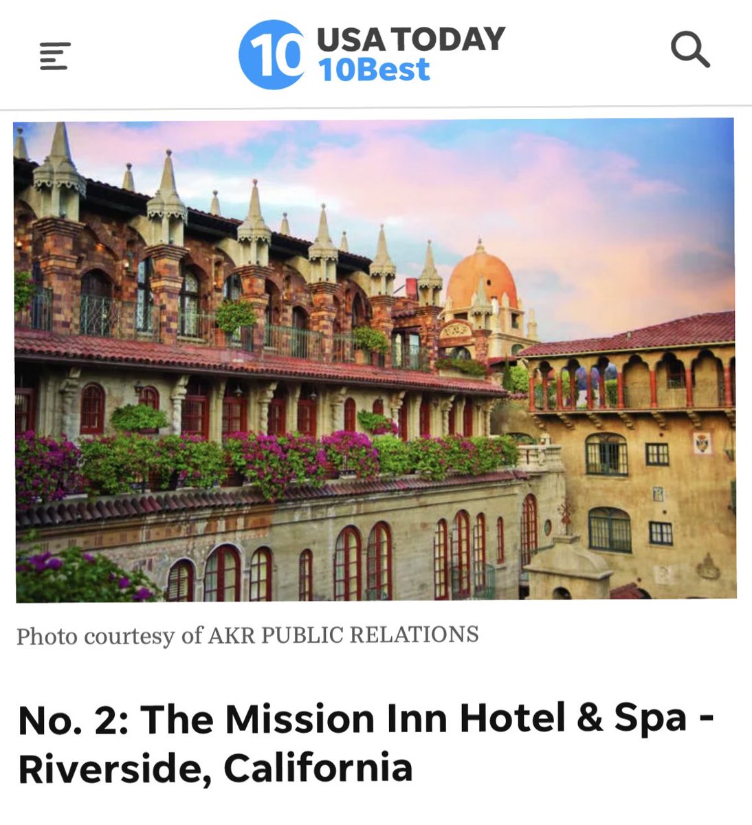 Exciting News! The <a href="/MissionInnhotel/">The Mission Inn</a> &amp; Spa has been voted the #2 Best Historic Hotel in the US by USA Today’s <a href="/10Best/">USA TODAY 10Best</a> Readers’ Choice Awards: 10best.usatoday.com/awards/travel/…