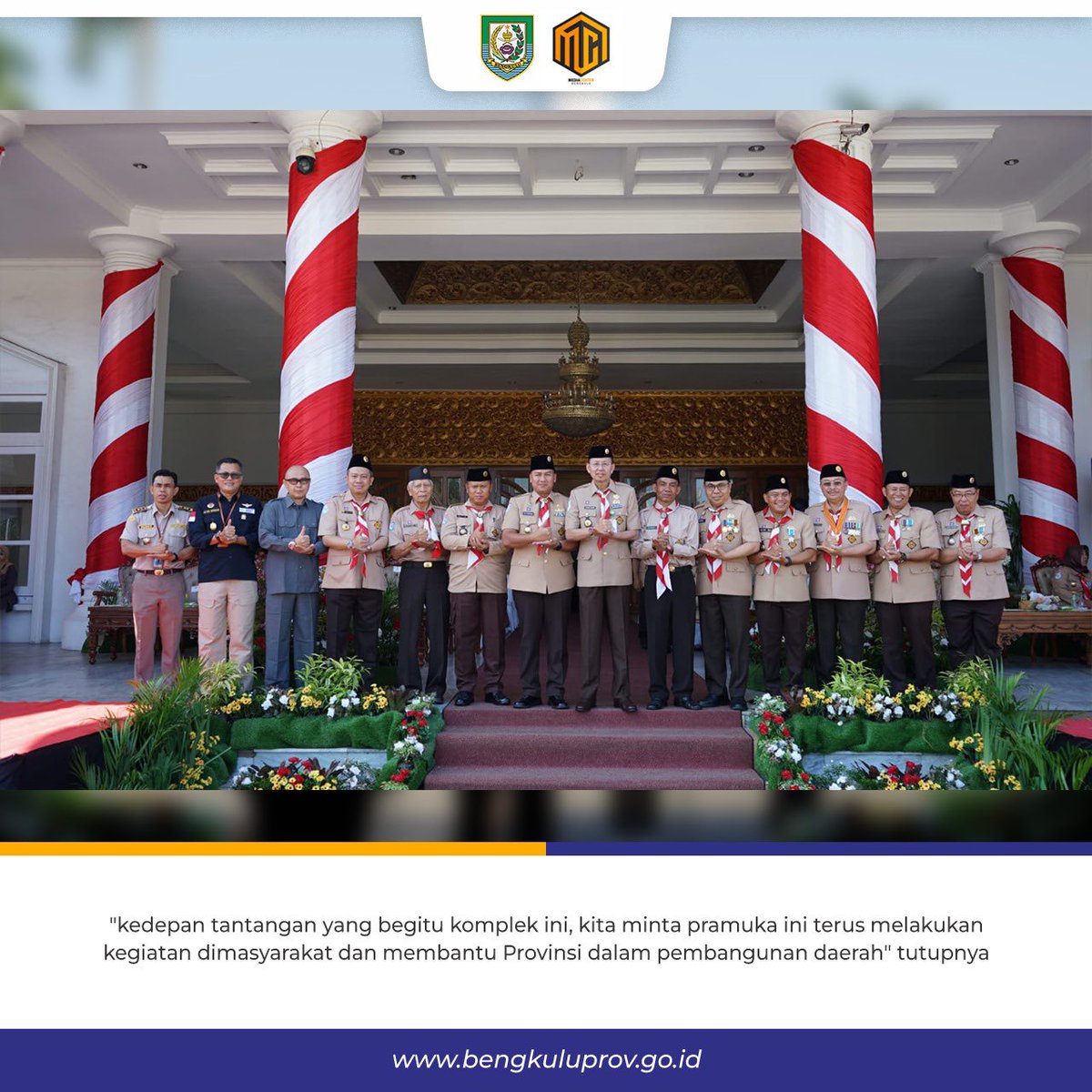 mediacenterBKL's tweet photo. Sekretaris Daerah Provinsi Bengkulu Isnan Fajri menjadi Inspektur Upacara dalam rangka hari Pramuka ke 63 di Balai Raya Semarak Bengkulu Rabu (14/8). https://t.co/AZGMdSluBf