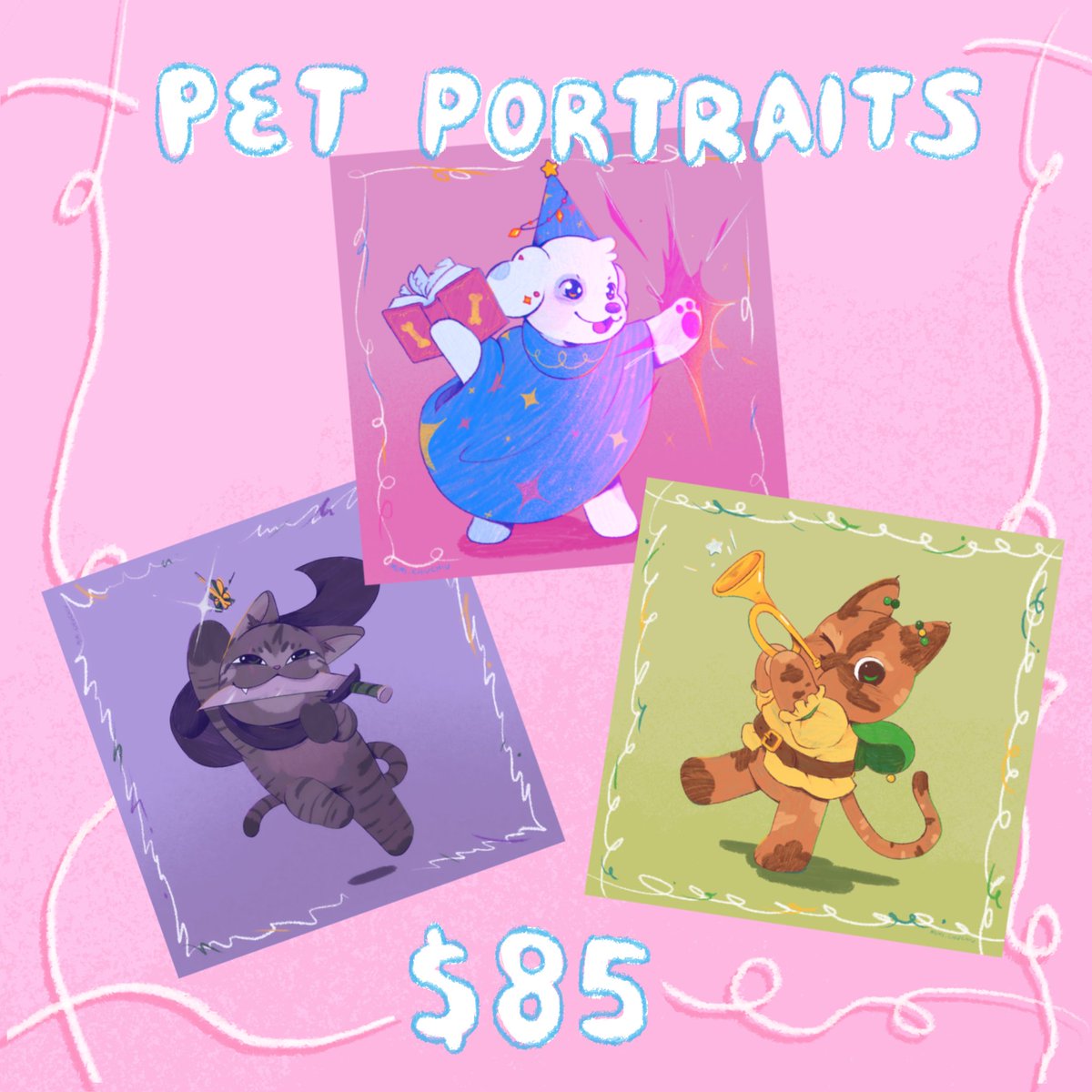 Hello yall!  I'm opening up pet portrait commissions to make some money as I'm inbetween projects. Perfect gifts for the loved ones (yourself included!) who love RPGs and their pets! DM me for more info, or check the replies for the form link! #artcommissions 

Thanks! 🐱🐶❤️