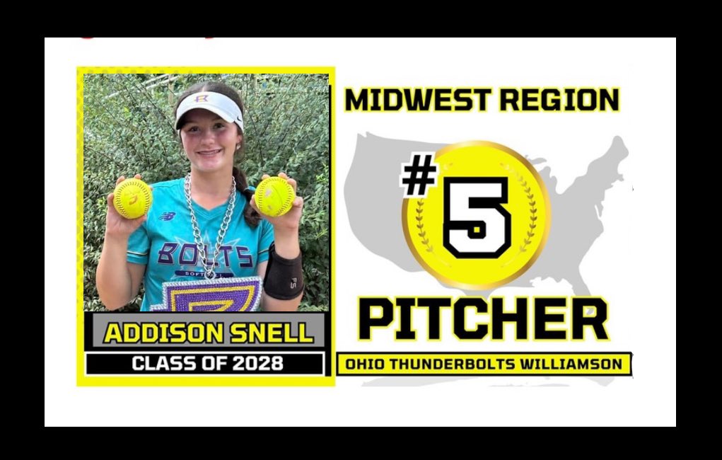 OhioTbolts2027's tweet image. Congratulations to @aksnell04 for being ranked the 5th best pitcher in the 2028 class in the Midwest! The Midwest region covers 9 states 😮! Way to go AK! Thank you @ExtraInningSB  for considering her! 💪🏻🥎⚡️