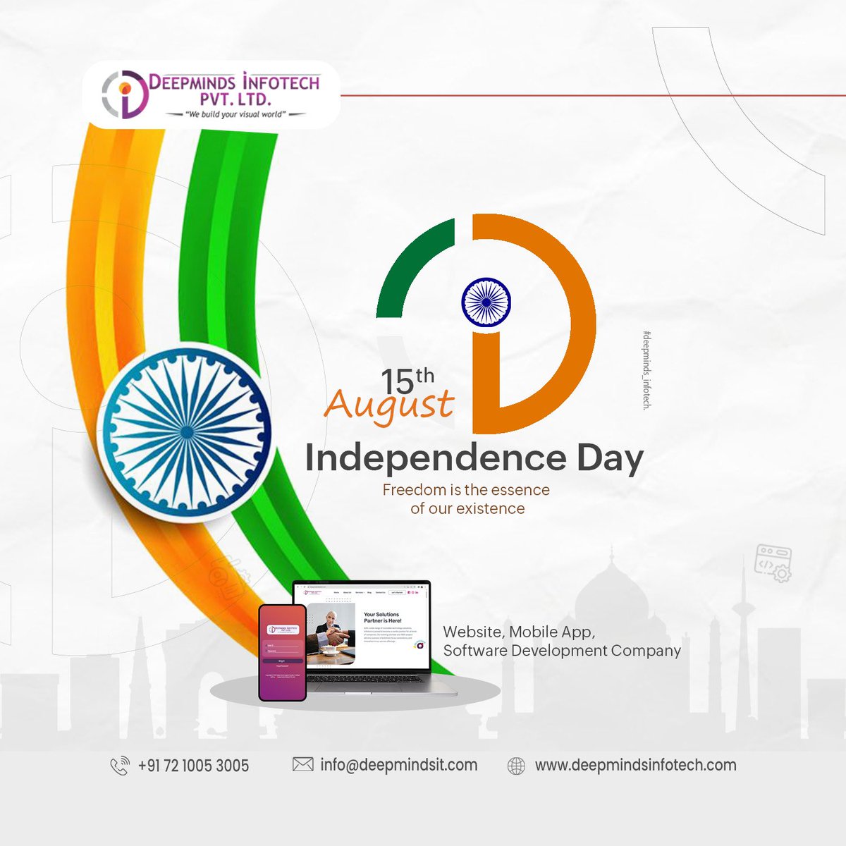 Deepmindsinfo's tweet photo. Happy Independence Day

Freedom is the essence of our existence
#independenceday #india #freedom #existence 
#software #website #mobileapp #digitalmarketing #androidapp #nativeapp #hybridapp #deepminds #deepmindsit #deepmindsinfotech #deepmindsinfotechpvtltd #dmitpl https://t.co/lv9etHYd3H