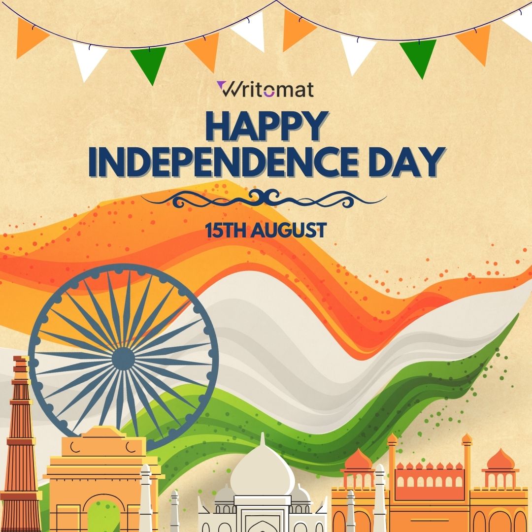 writomat's tweet photo. Writomat wishes everyone a very Happy 78th Independence Day of India! Let's honour the journey of freedom and celebrate the spirit of unity and progress. 🇮🇳   #HappyIndependenceDay #78thIndependenceDay #India #Writomat #FreedomDay https://t.co/FK7WOmO3PC