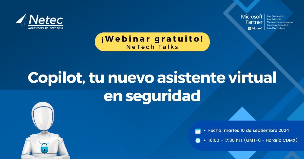netec's tweet image. ¡Te invitamos a ti y a tus colaboradores a nuestro próximo #NeTech Talks sin costo!💻 Durante 90 minutos aprenderan sobre las bondades de Copilot aplicadas en temas de seguridad.🤓 Regístrense 📲 hubs.la/Q02LnRlb0 
#NeTechTalks #AprendizajeEfectivo #capacitación