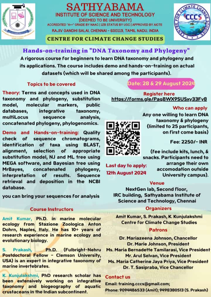 AmitKumar_ak14's tweet photo. A last few seats remaining, kindly share it for wider dissemination @Prakash_caridea @KKunjulakshmi @VinuganeshA @arokiya_ra32107 @SilpaMkala @Kavin_kd23 @SREELAKSHMI7909 #MSc #PhD @SathyabamaSIST #DNATaxonomy #Molecularphylogeny #Skilldevelopment #Training #Workshop #Chennai https://t.co/sxfm7CosB3