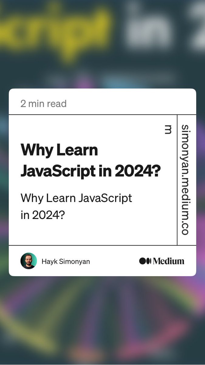 plainJavaScript's tweet image. “Why Learn JavaScript in 2024?” by Hayk Simonyan
javascript.plainenglish.io/why-learn-java…