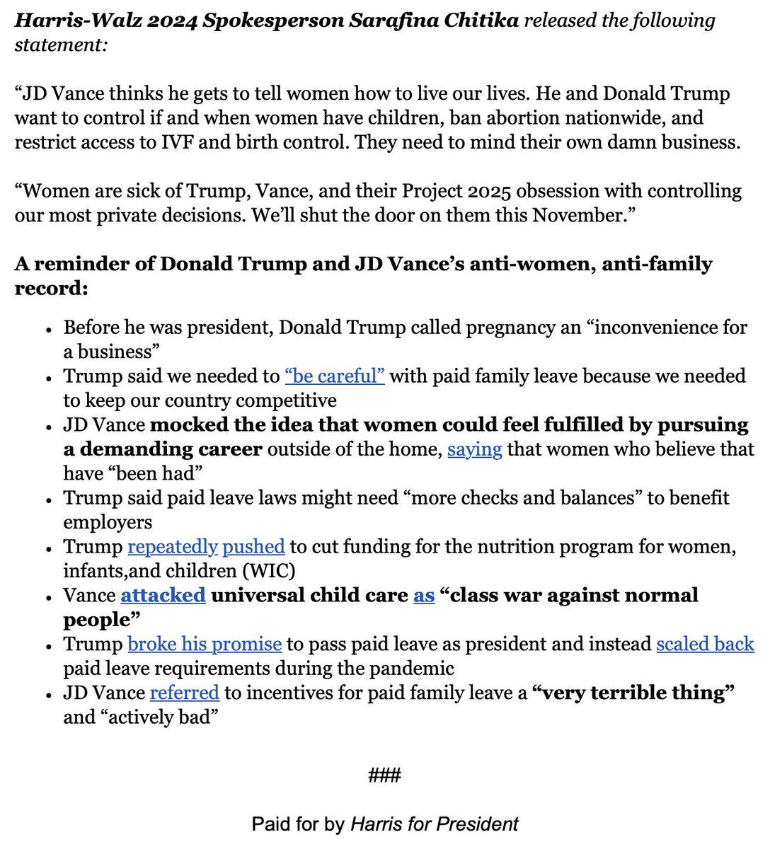 MeidasTouch's tweet photo. JUST IN from the Harris-Walz campaign:

Days Since JD Vance Insulted Women Across America: Zero