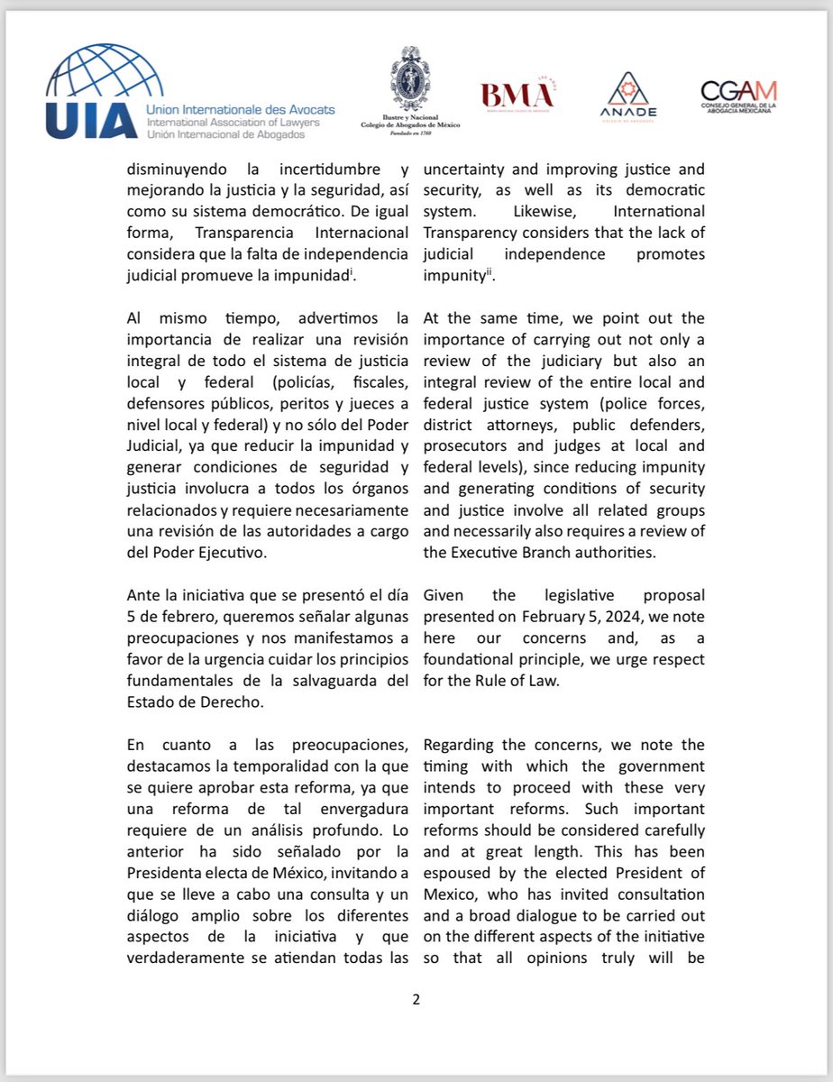 BMA_Abogados's tweet photo. La Union Internacional de Abogados @UnionIntAvocats  junto con @ConsAbogaciaMEX @INCAM_Abogados @ANADEcolegio y la @BMA_Abogados sus preocupaciones respecto a la reforma judicial planteada para nuestro país. https://t.co/a937891Mjd