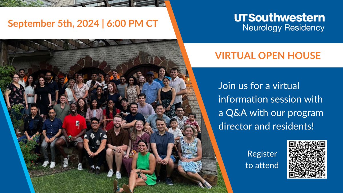 Inviting all neurology residency applicants to join us for a Virtual Open House on September 5th, 2024 at 6PM CDT! 🧠 @NMatch2025 

Register via the QR code below. We look forward to meeting everyone!