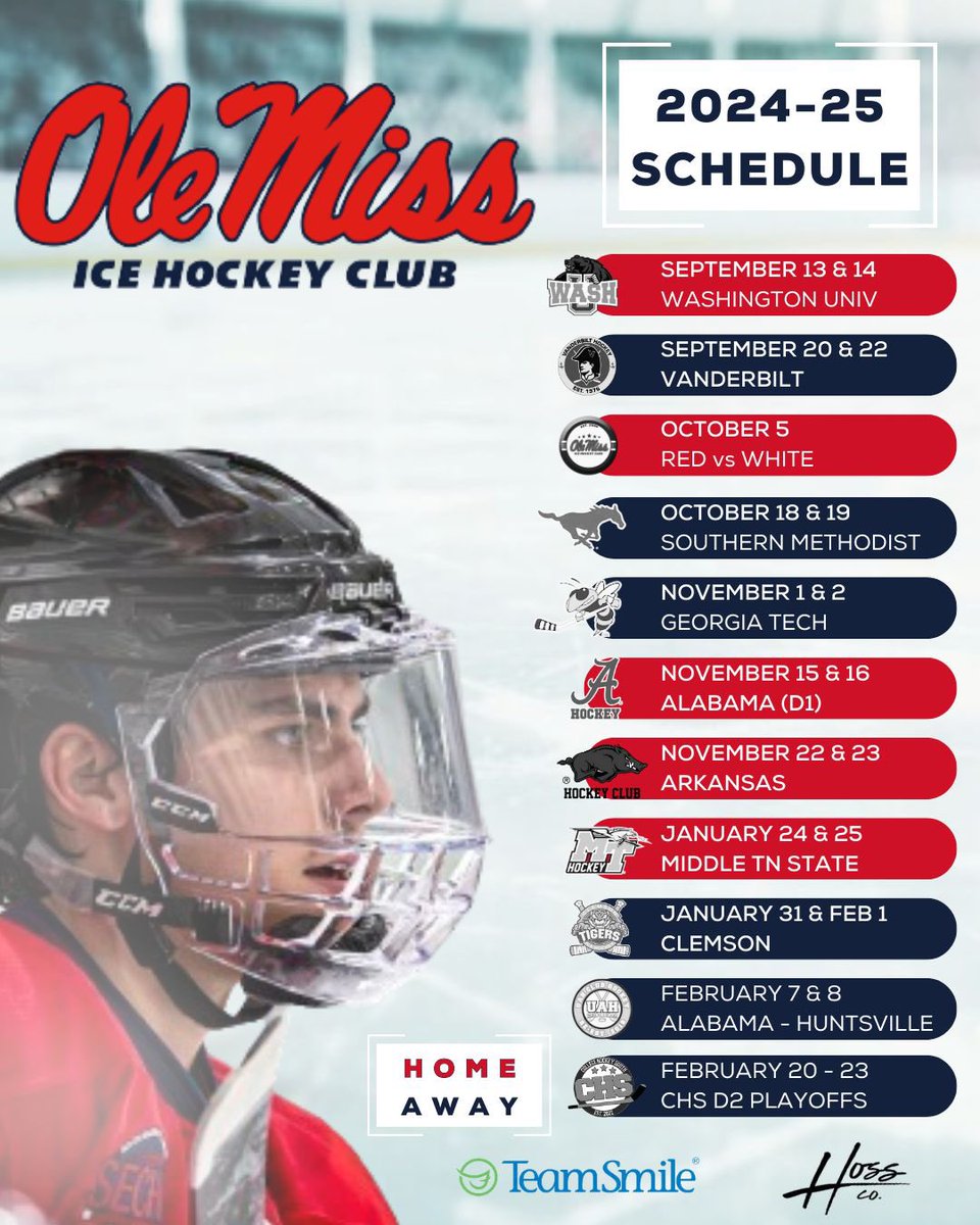 OleMissHockey's tweet photo. Save the dates 🥶

We are thrilled to say Ole Miss Hockey is back, make sure you’re there to see the Rebs go to work!!

#IceRebs x #HockeyToddy https://t.co/R48ZRxGGYs