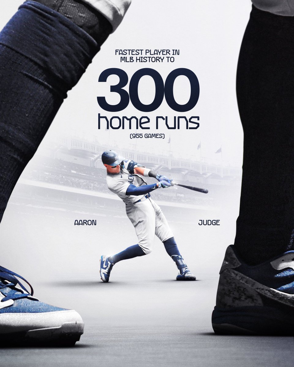 More history for The Captain 👏

In career game No. 955, Aaron Judge has passed Ralph Kiner (1,087 G) as the fastest player in MLB history to 300 home runs.