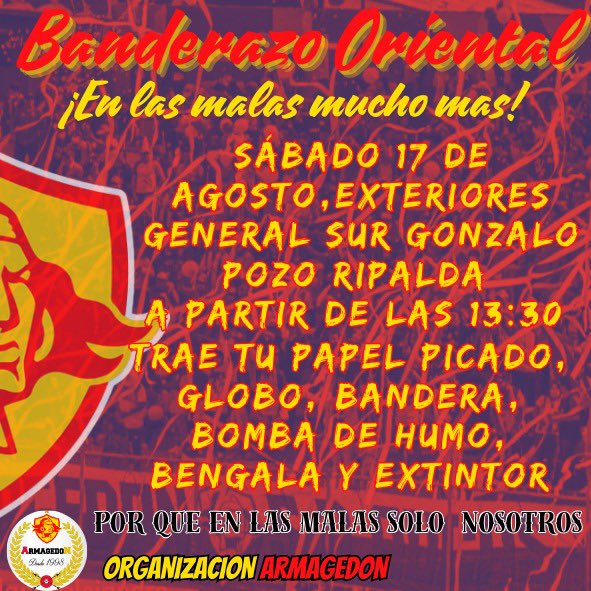 ¡ALERTA, AUQUISTAS¡🔴

Nuestro equipo necesita nuestro apoyo más que nunca. Este sábado haremos un banderazo para infundirles la garra y el coraje que solo nosotros sabemos dar.

🗓️ Cuándo: Sábado 17 de Agosto a partir de las 13:30
📍 Dónde: Exteriores General Sur GPR