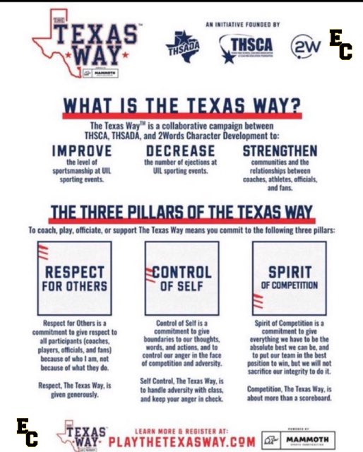 ArriolaSuzette's tweet photo. The Texas Way is the only way EC will play… #respectforothers #controlofself #Spiritofcompetition @_ECAthletics @ECISDtweets @ECHShornets @LMSKnights @HMSHurricanes https://t.co/ZY88prdlIx