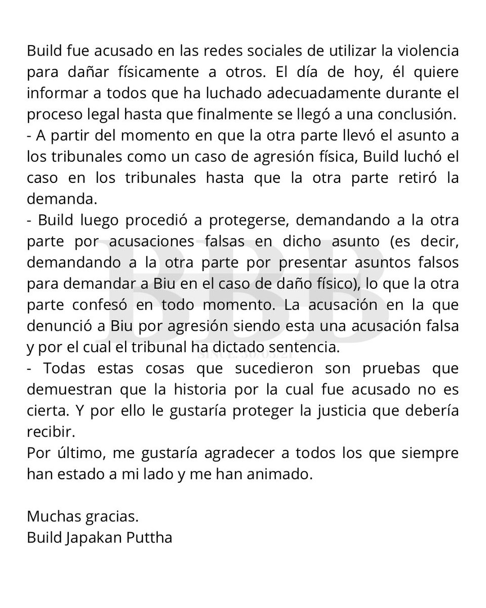 BibleBuildLatam's tweet photo. Actualización de Biu 💙 via Instagram Stories

Hace unos momentos Biu publicó un comunicado junto con información y actualización del caso que venimos siguiendo desde hace poco más de un año. 

Les compartimos también la traducción de dicho comunicado tanto en español como en inglés. 

Nos alegra mucho saber que al fin él podrá tener paz y que la justicia esté de su lado.

También nos alegra haber seguido junto a él, y poder presenciar como todo cae por su propio peso.

@JakeB4rever siempre estaremos contigo 💙 

#BuildJakapan #Beyourluve