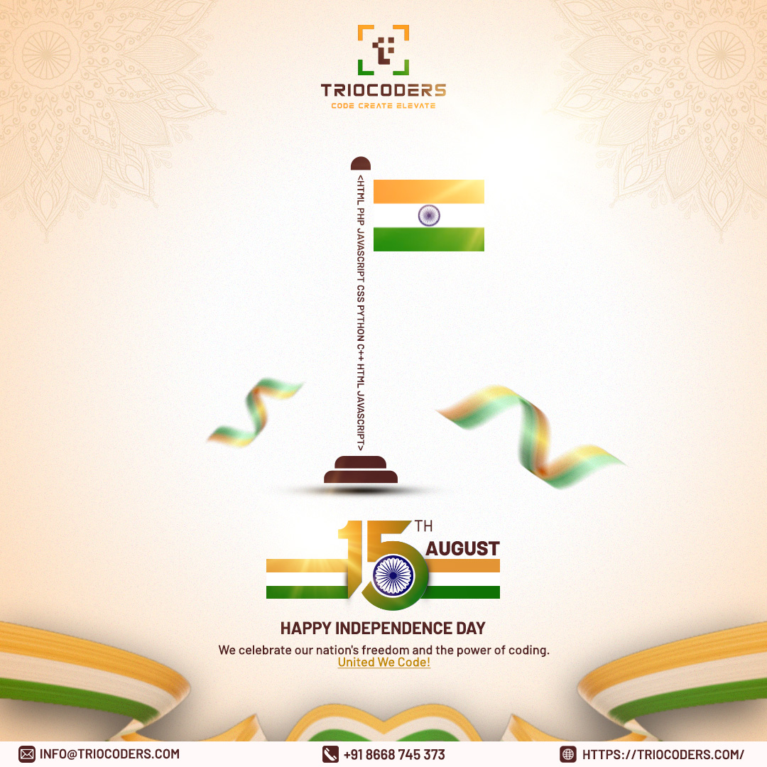 triocodersteam's tweet image. 🇮🇳&quot;Happy Independence Day from Triocoders! &quot;🇮🇳

We celebrate our nation&apos;s freedom and the power of coding. United We Code!

 #triocoders #independenceday #indiatech #coding #graphicdesign #webdesign #webdevelopment #seoservices #website